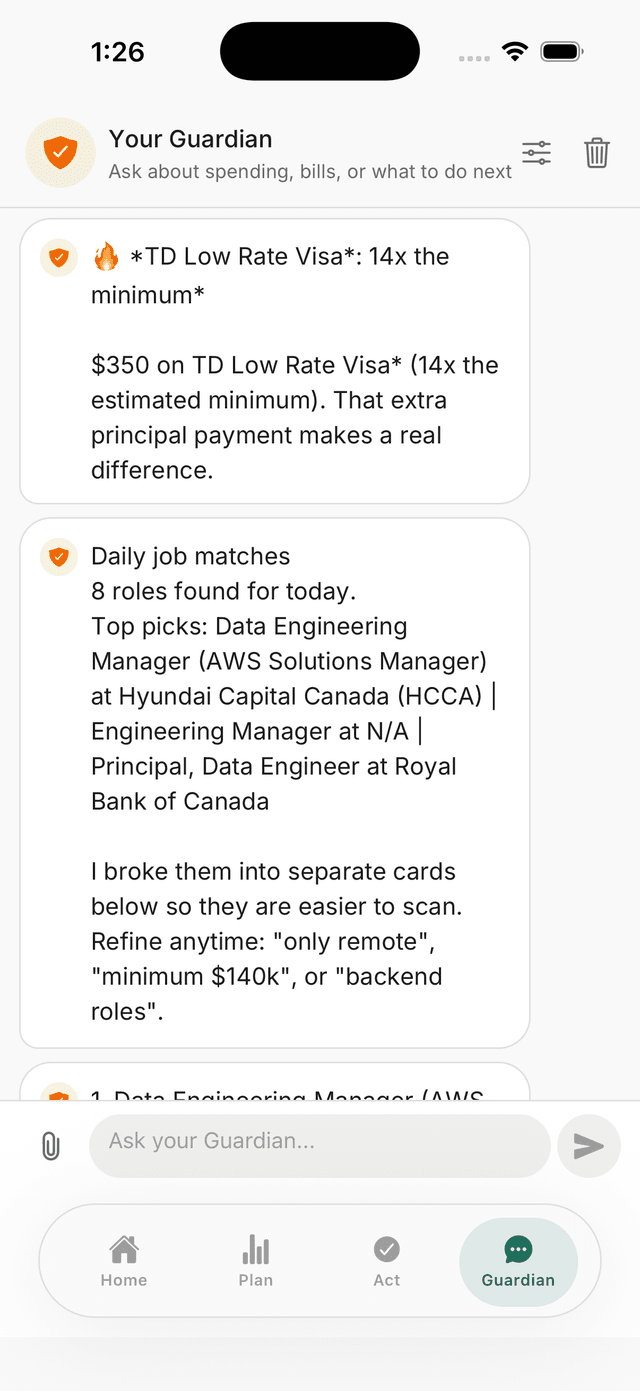 Shelter Guardian AI chat with daily job matches and financial coaching