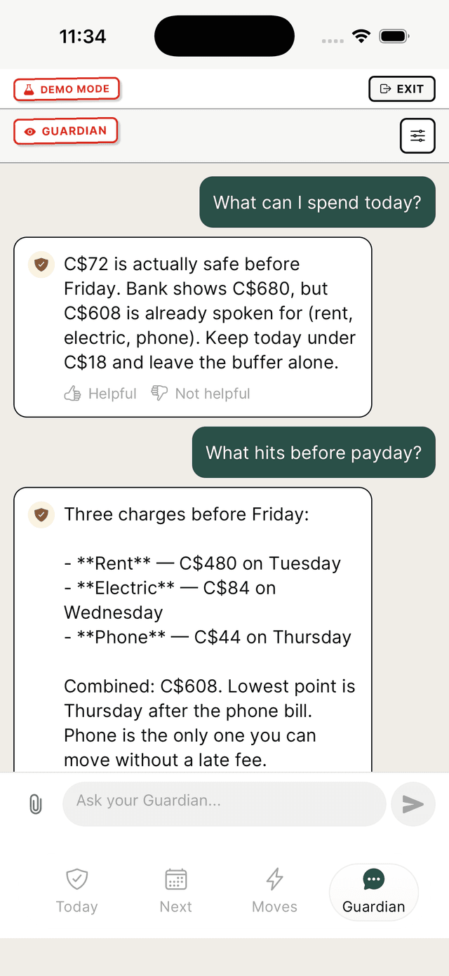Shelter Guardian chat answering what can be spent today
