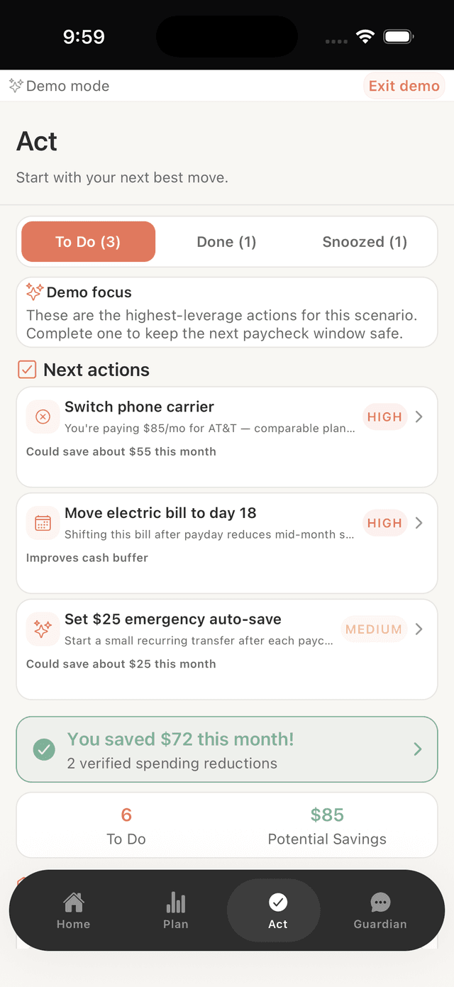 Shelter Act tab showing adaptive plan updates and prioritized actions