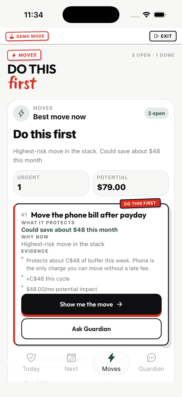 Shelter Moves tab showing the best move now to protect cash before payday