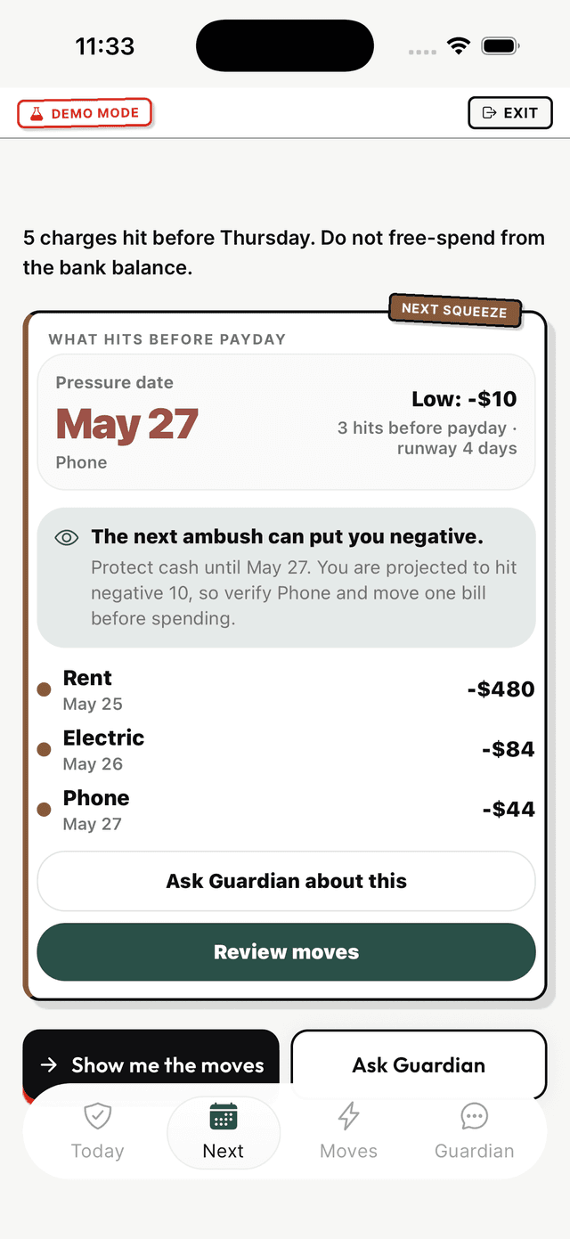 Shelter Next tab warning about bills that hit before payday