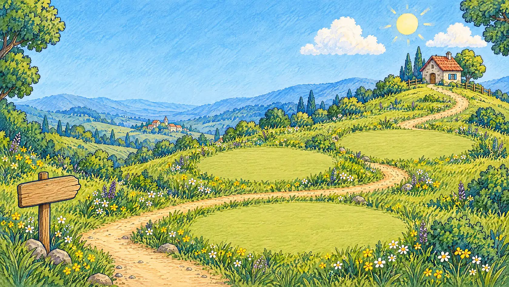 A painted path winding across a meadow to a cottage on the hill, with bills resting in the clearings along the way