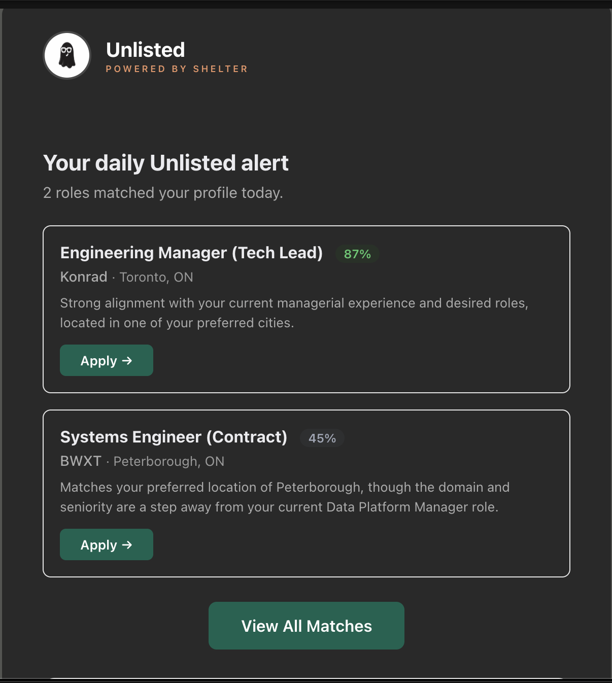 Email alert showing matched job roles