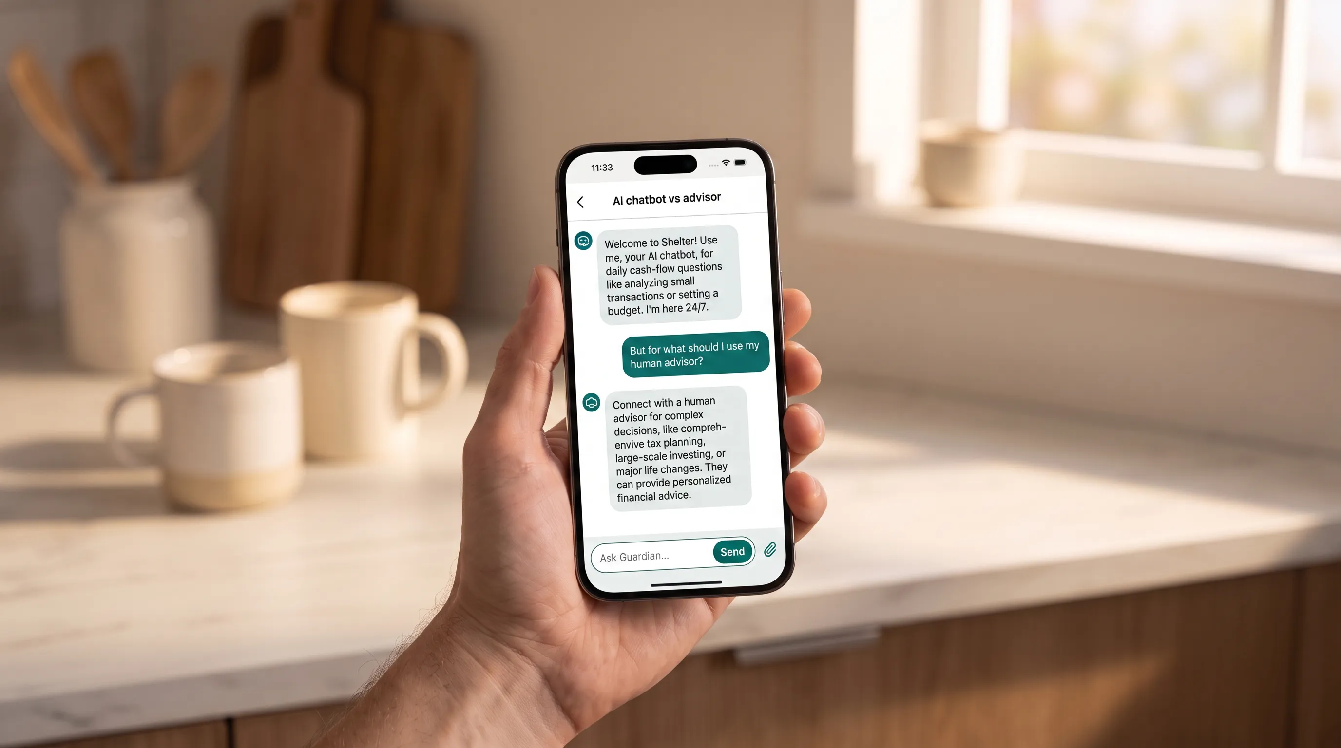 Shelter chat explaining when to use an AI chatbot versus a human financial advisor